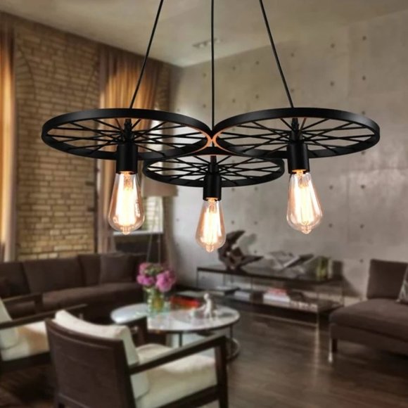 Rustic 3 Bulb Wagon Wheel Chandelier Distressed Bronze Finish Home Business - Picture 10 of 13